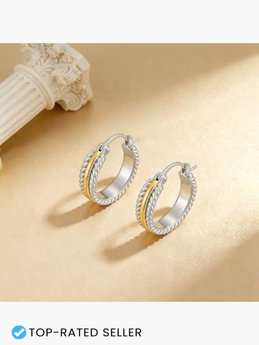 Two Tone Silver Gold Hoop Earrings Hypoallergenic Rope Twist Statement Jewelry - Picture 6 of 7